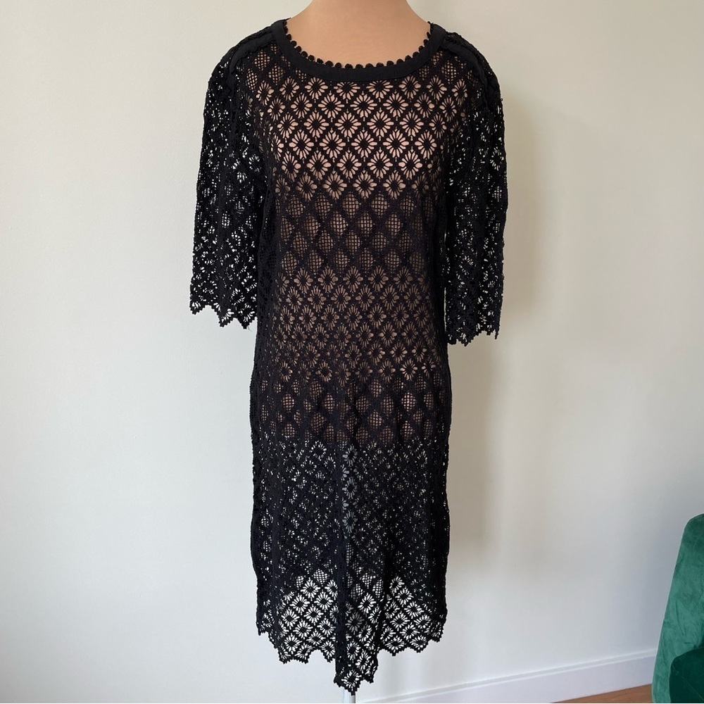 Burning Torch Karyn Craven Black Cotton Crochet Sheer Short Sleeve Dress EUC XS